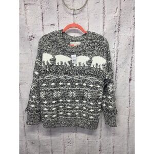 Loft Sweater Women Gray/White Polar Bears Fringe Long Sleeve‎ Pullover Sz S NWT